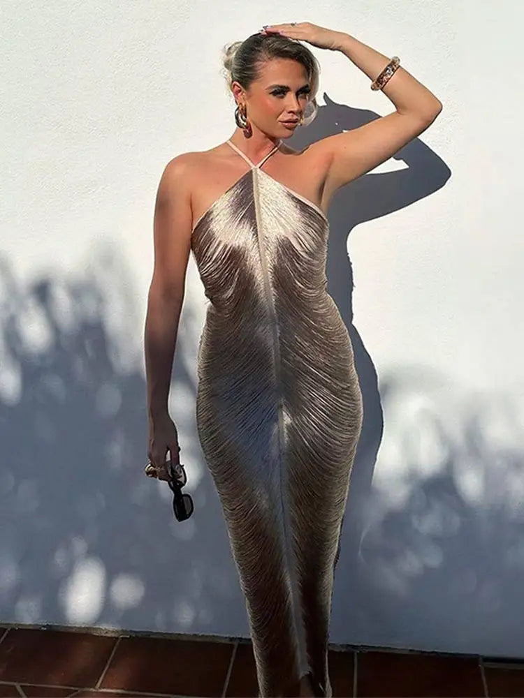 Robe longue dos nu à franges dorées et argentées pour femme, tenue moulante sexy sans manches, nouvelle collection élégante de soirée