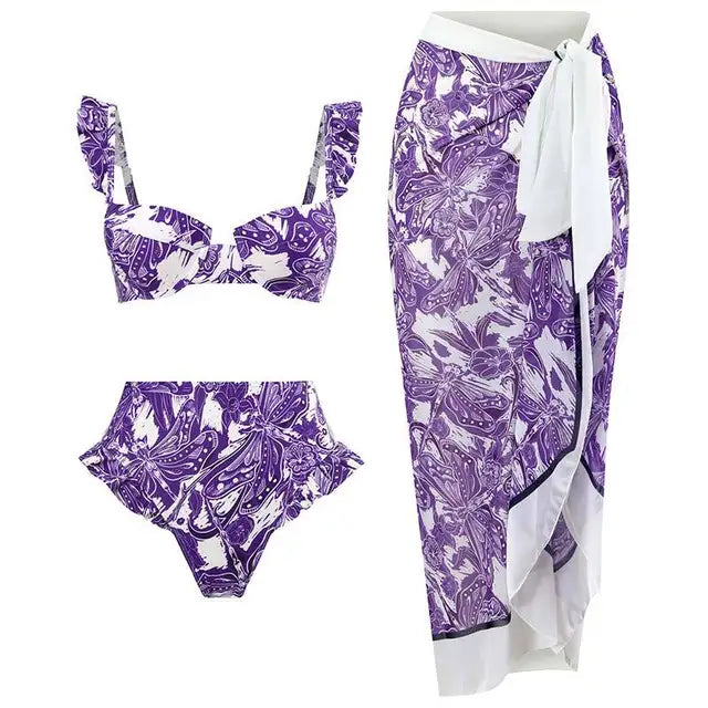 Maillot de bain bikini fendu imprimé vintage pour femme, ensemble sans bretelles, manches bouffantes, cache-maillot, jupe en mousseline de soie, pour la plage, piscine