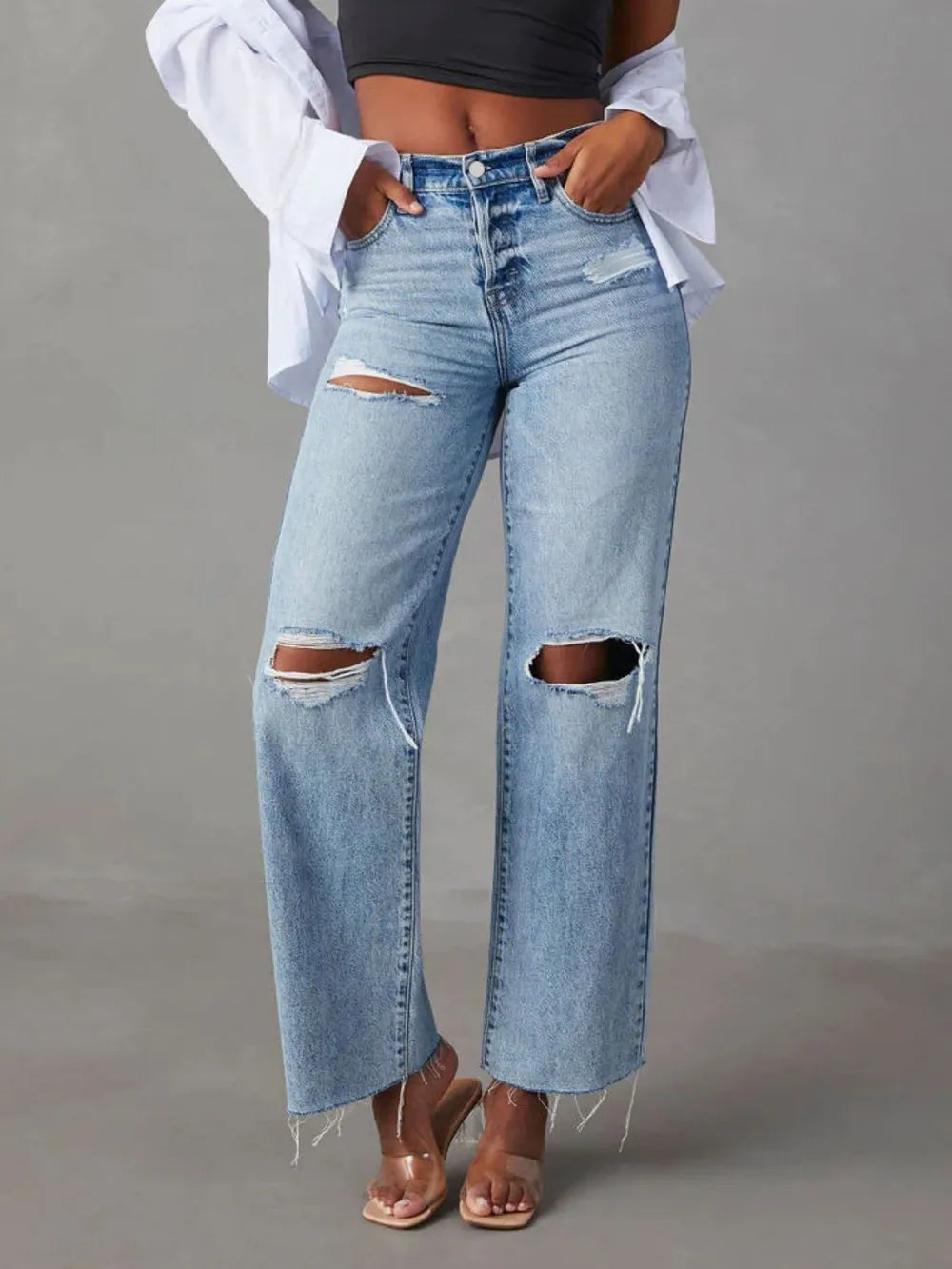 Pantalon Jean droit effet usé avec poches Opération réussie