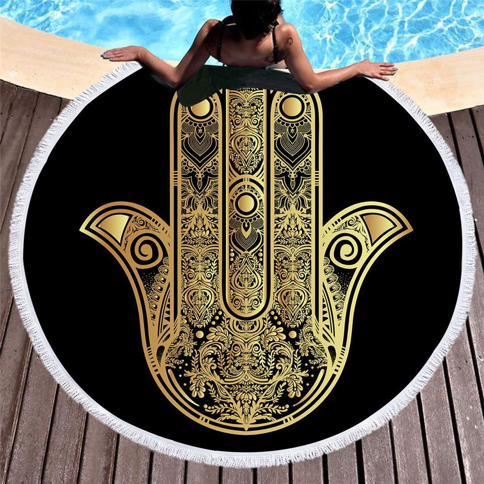 Serviette de plage ronde en microfibre pour adultes, serviette d'été à pompons, tapis de yoga, motif Hamsa, imprimée à la main, 150 cm