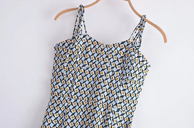 Robe mi-longue romantique à imprimé géométrique bleu, bretelles spaghetti, style rétro, laçage, fente latérale, robe de vacances