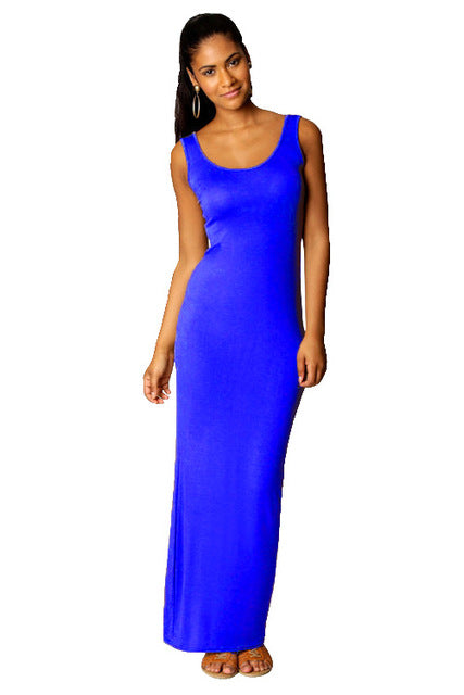 Robe simple, élégante et sexy pour femmes, col rond, sans manches, slim, maxi, très extensible, débardeur, printemps-été, robe longue fine