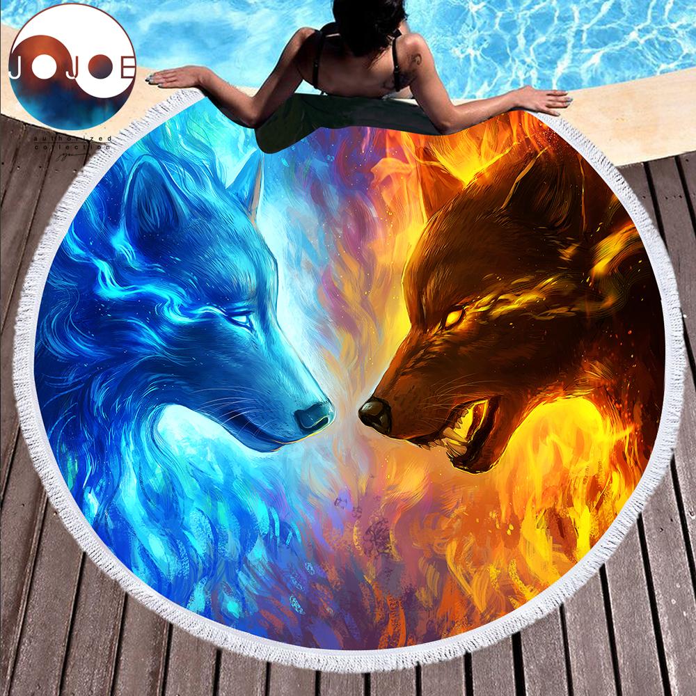 Grande serviette de plage ronde Fire and Ice de JoJoesArt pour adultes, en microfibre, imprimée loup, avec pompon, couverture de 150 cm