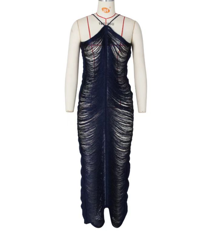 Robe longue dos nu à franges dorées et argentées pour femme, tenue moulante sexy sans manches, nouvelle collection élégante de soirée