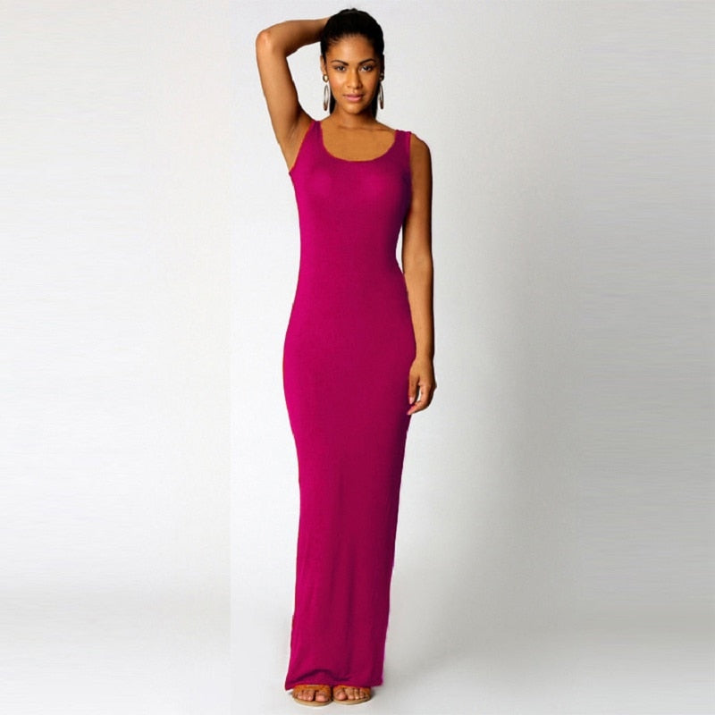 Robe simple, élégante et sexy pour femmes, col rond, sans manches, slim, maxi, très extensible, débardeur, printemps-été, robe longue fine