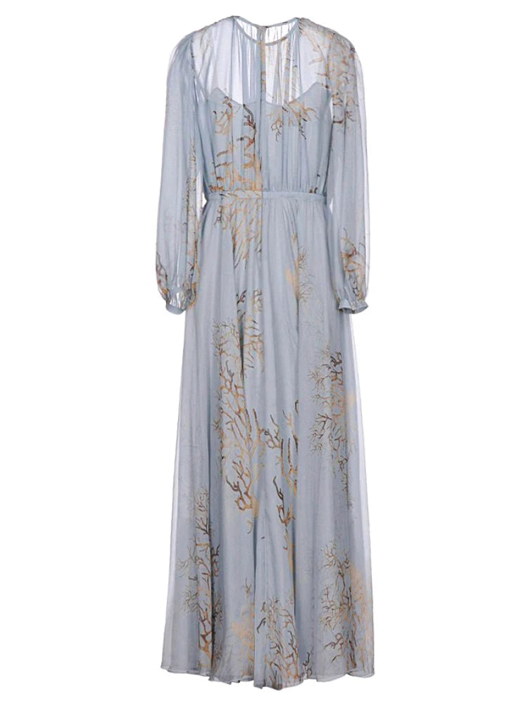Robe d'été élégante pour femme, tenue de soirée élégante, taille haute, manches lanternes, bleu, impriméVestidos De Fiesta