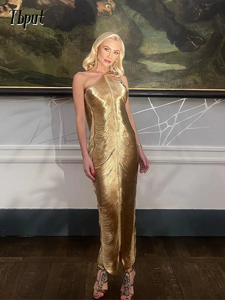 Robe longue dos nu à franges dorées et argentées pour femme, tenue moulante sexy sans manches, nouvelle collection élégante de soirée
