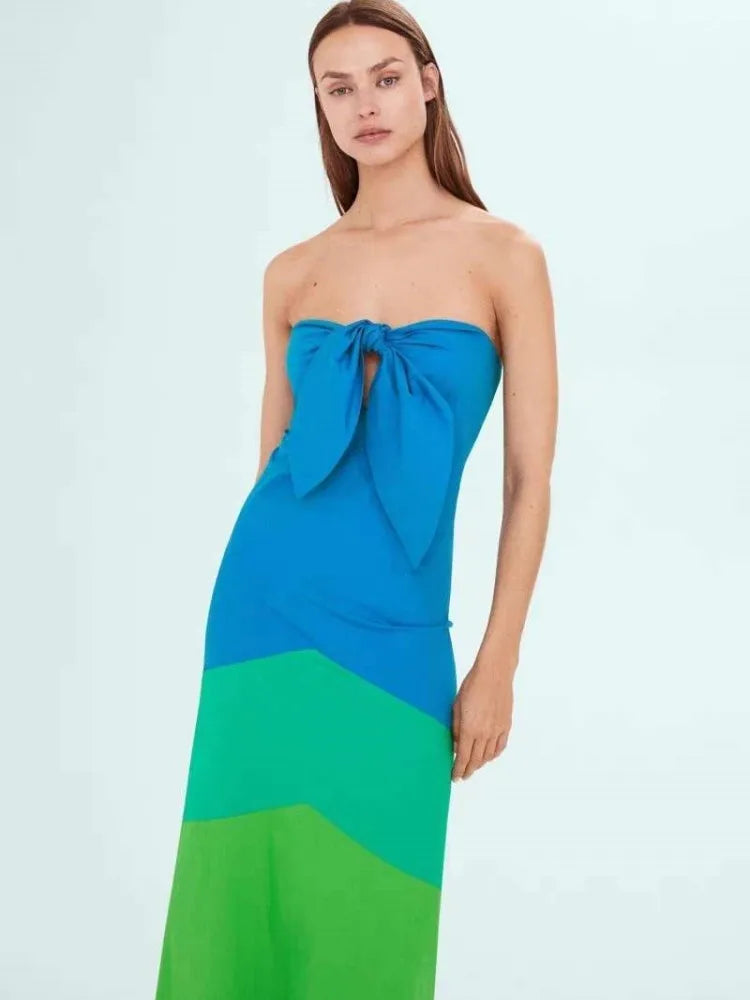 Robe bustier sexy sans manches pour femme, patchwork tie-dye, nœud noué, ajouré, longueur au sol, slim, tenue de soirée d'été