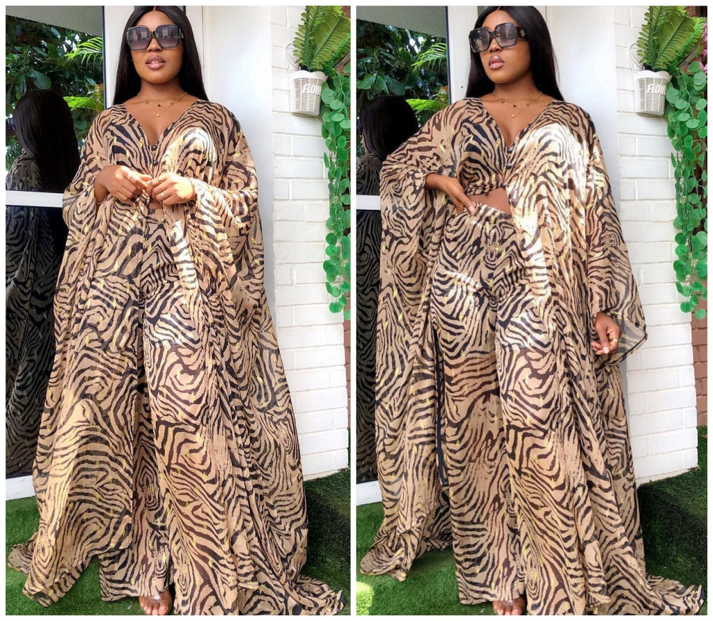 Ensemble deux pièces cardigan en mousseline de soie et pantalon ample, robe africaine