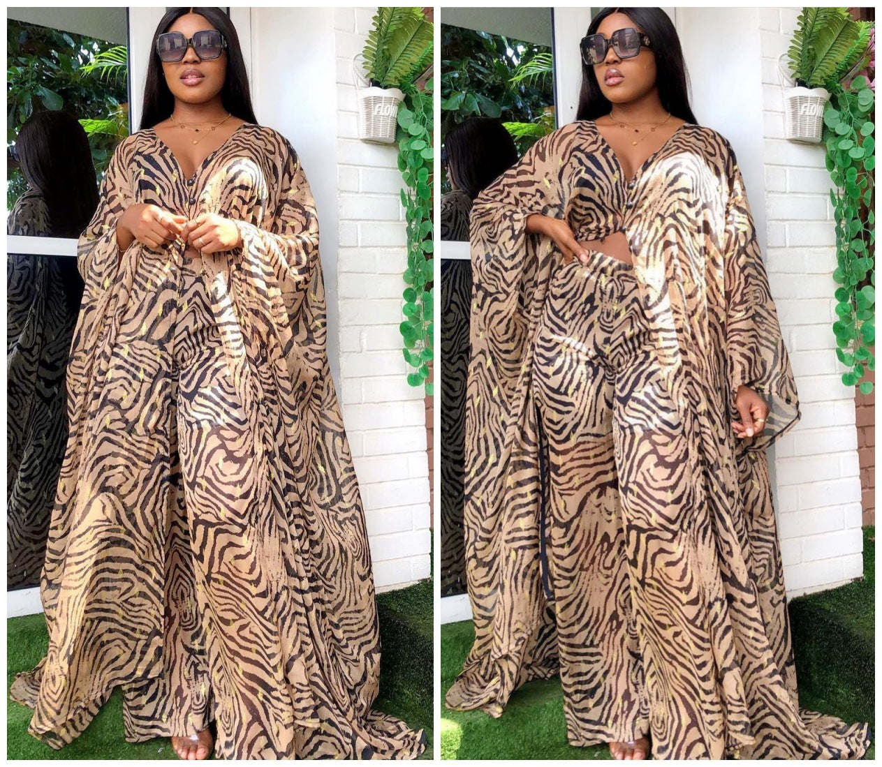 Ensemble deux pièces cardigan en mousseline de soie et pantalon ample, robe africaine