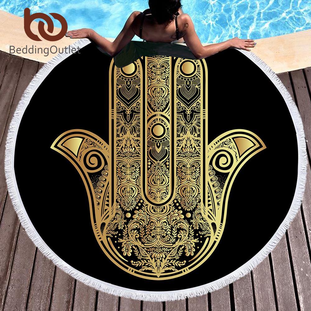 Serviette de plage ronde en microfibre pour adultes, serviette d'été à pompons, tapis de yoga, motif Hamsa, imprimée à la main, 150 cm