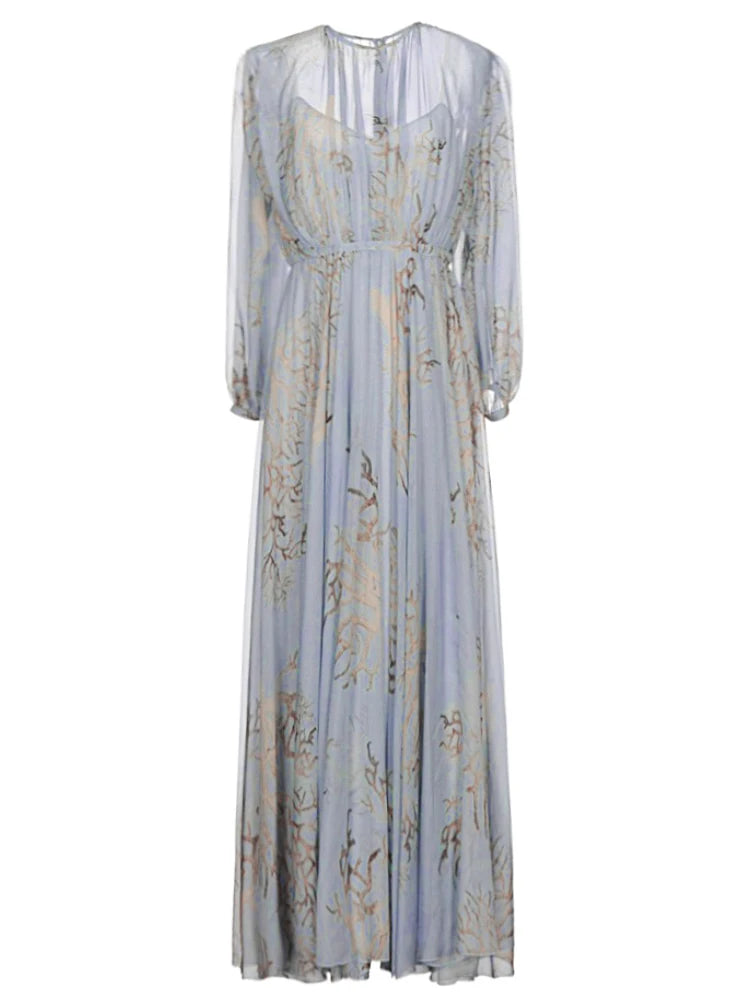 Robe d'été élégante pour femme, tenue de soirée élégante, taille haute, manches lanternes, bleu, impriméVestidos De Fiesta