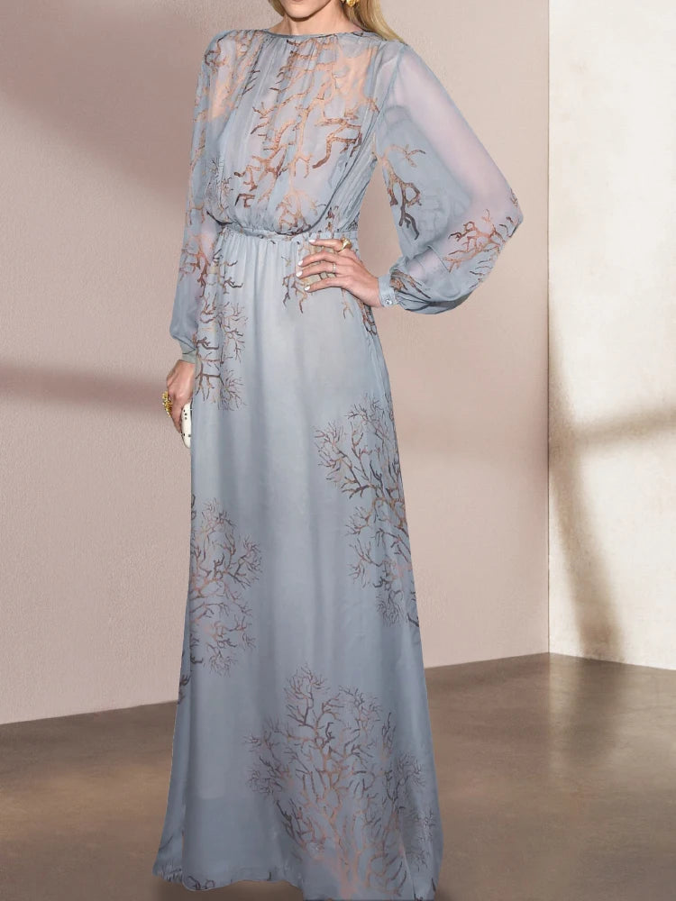 Robe d'été élégante pour femme, tenue de soirée élégante, taille haute, manches lanternes, bleu, impriméVestidos De Fiesta