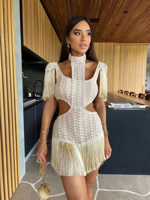Robe longue sexy en dentelle blanche pour femme, col roulé, manches à pompons, taille fine, ajourée, pour la plage, été