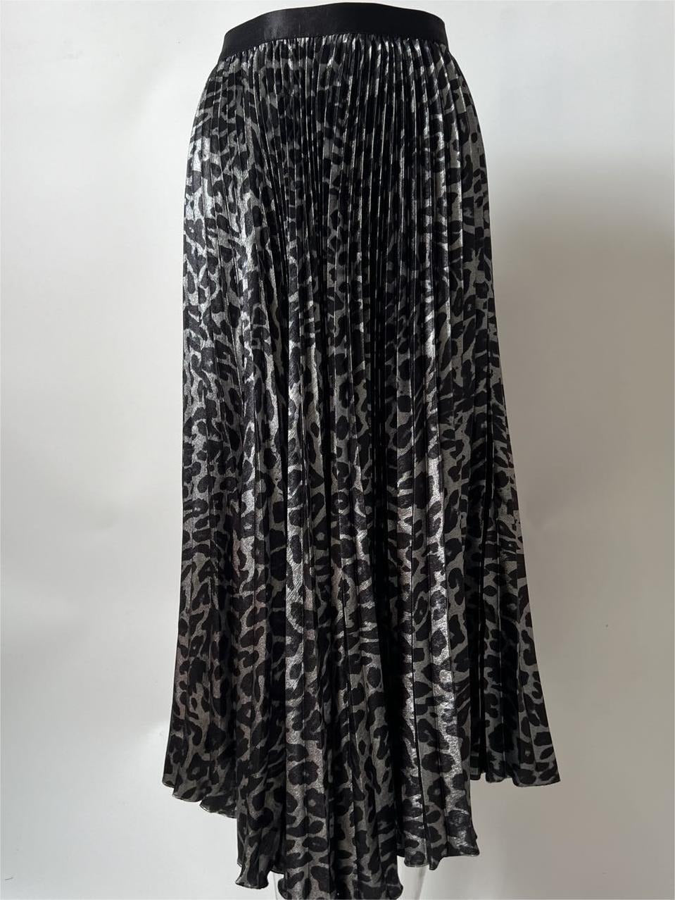 Jupe mi-longue fluide à imprimé léopard métallique léger et luxueux, taille haute, avec taille élastique, large ourlet et jupe plissée