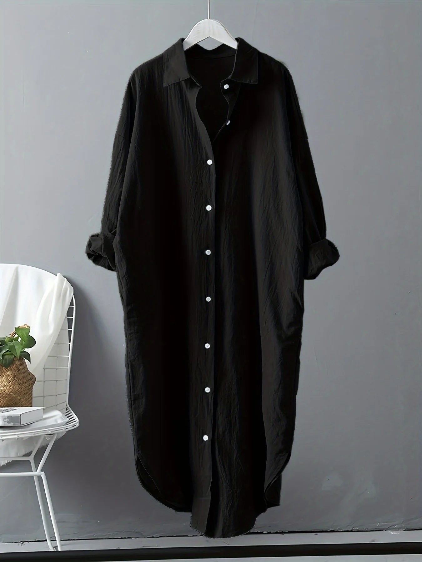 Robe chemise  mi-longue coton et lin à manches longues pour femme, décontractée, confortable, avec boutons blancs