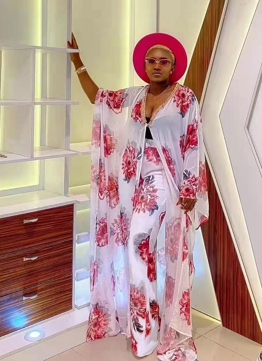 Ensemble deux pièces cardigan en mousseline de soie et pantalon ample, robe africaine