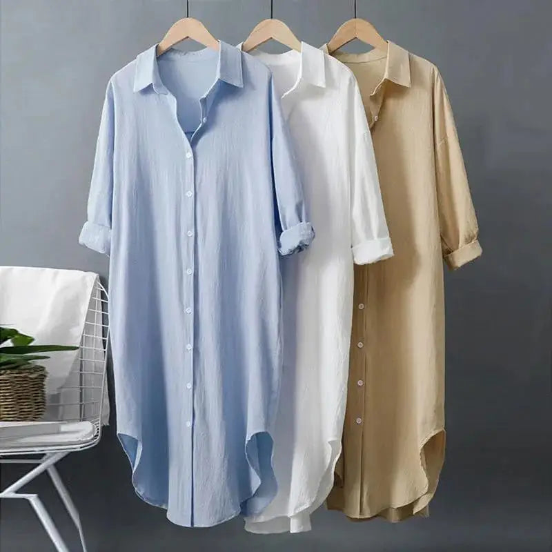Robe chemise  mi-longue coton et lin à manches longues pour femme, décontractée, confortable, avec boutons blancs