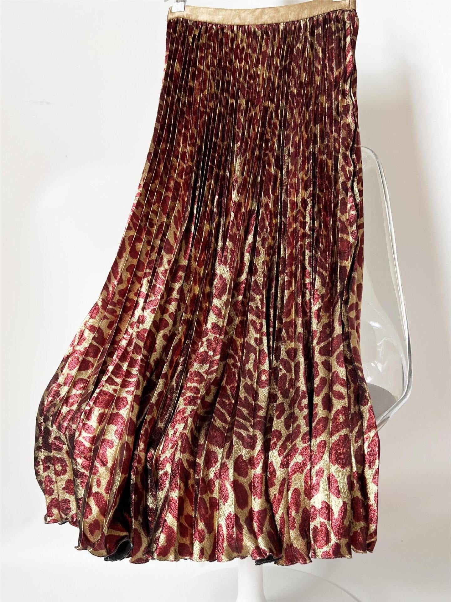 Jupe mi-longue fluide à imprimé léopard métallique léger et luxueux, taille haute, avec taille élastique, large ourlet et jupe plissée