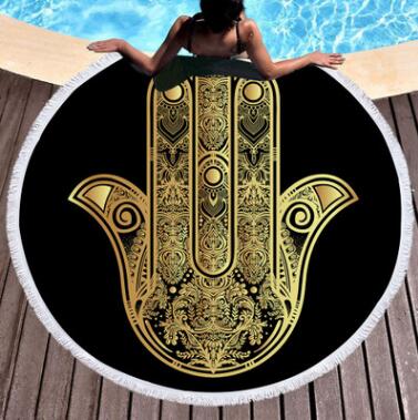 Serviette de plage ronde en microfibre pour adultes, serviette d'été à pompons, tapis de yoga, motif Hamsa, imprimée à la main, 150 cm