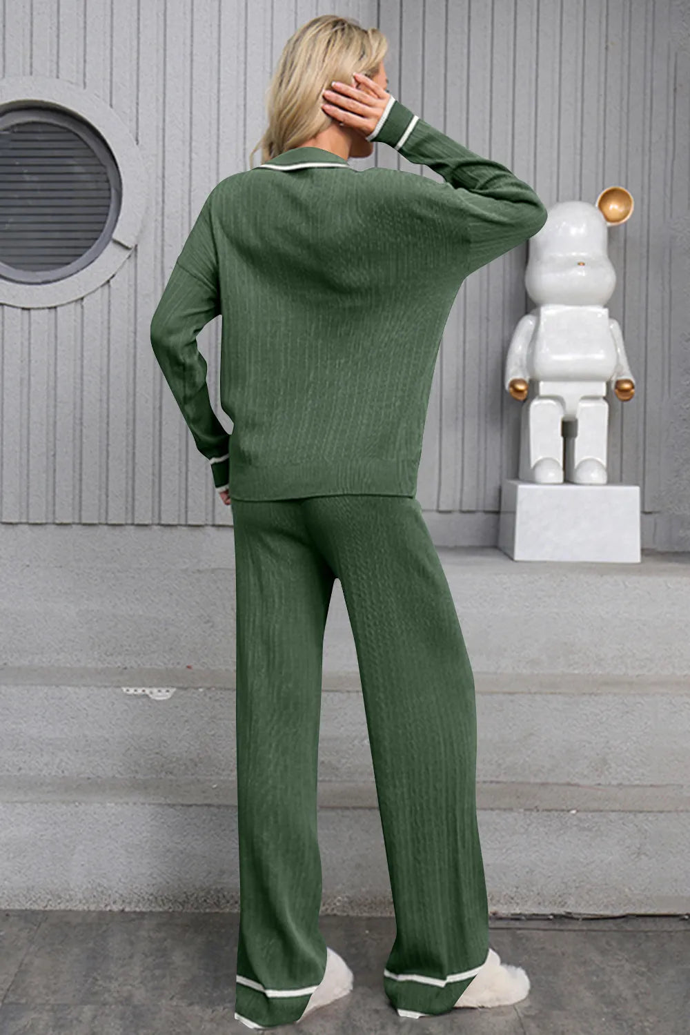 Ensemble pull-over à col Johnny et pantalon à cordon de serrage