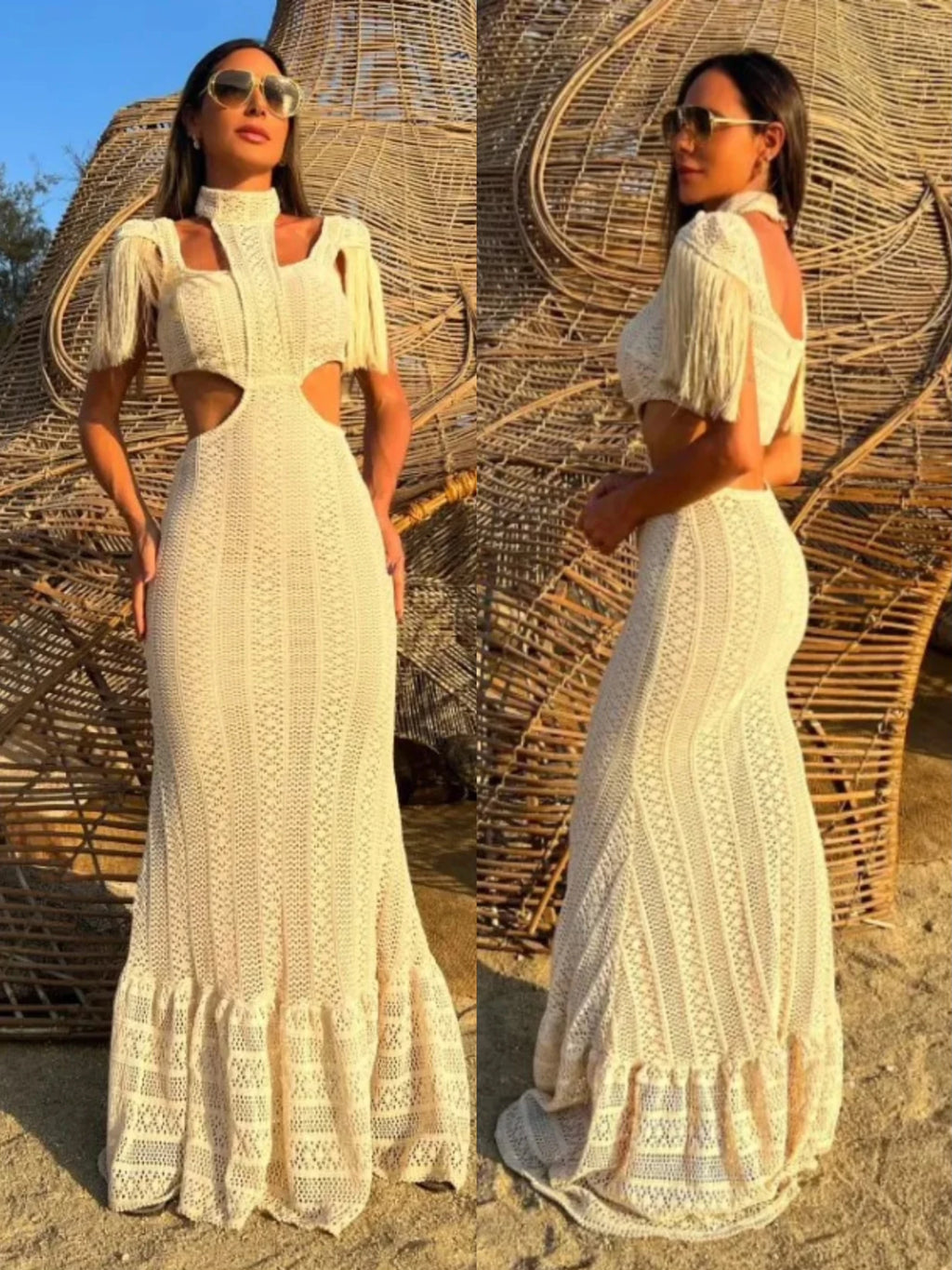 Robe longue sexy en dentelle blanche pour femme, col roulé, manches à pompons, taille fine, ajourée, pour la plage, été