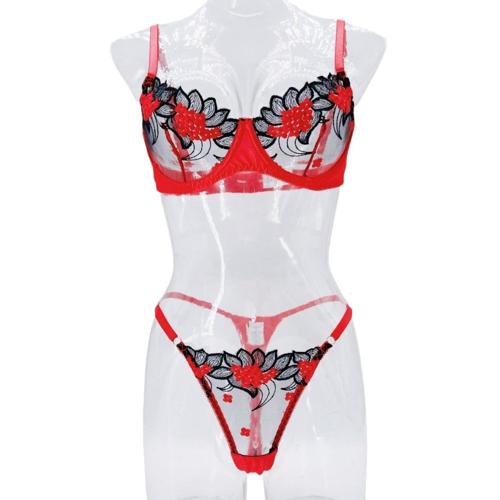 Sous-vêtements trois points sexy maille broderie perspective amusant ensemble de lingerie femme T-pants tentation