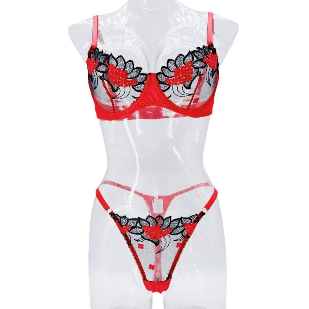Sous-vêtements trois points sexy maille broderie perspective amusant ensemble de lingerie femme T-pants tentation