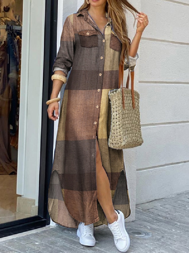 Robe à manches longues à carreaux, robe longue de plage, robe d'été élégante pour femmes, robe chemise longue boutonnée