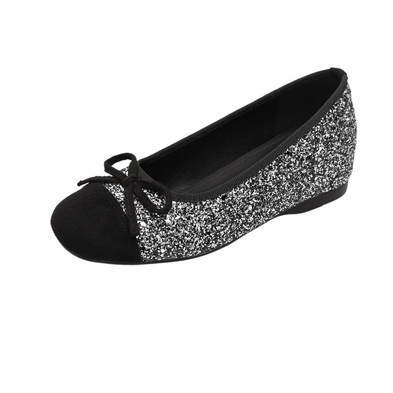 Ballerines classiques à semelle plate à paillettes argentées de style français pour femmes