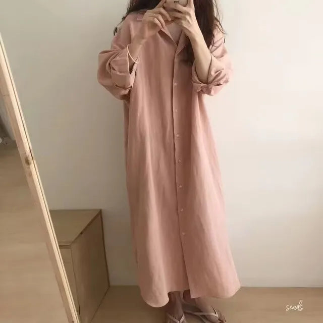 Robe chemise  mi-longue coton et lin à manches longues pour femme, décontractée, confortable, avec boutons blancs