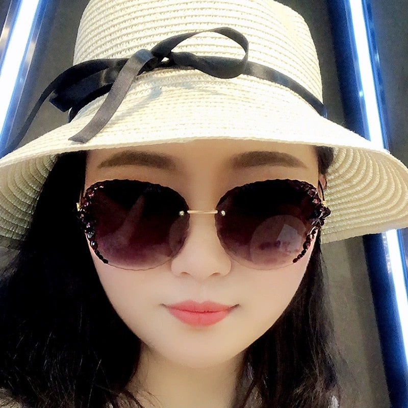 Lunettes de soleil tendance sans monture pour femmes, verres solaires de luxe à strass, style vintage, verres scintillants, verres UV400