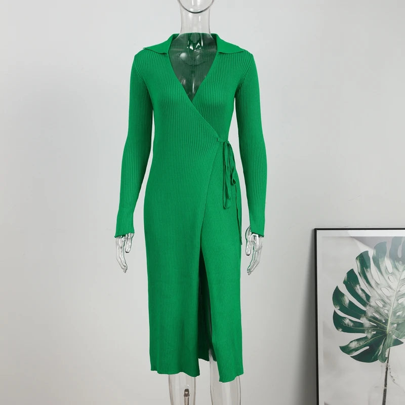 Robe portefeuille fendue à col en V pour femme, en tricot, à lacets, côtelée, col polo, sexy, robes de soirée pour femmes, robe longue verte élégante pour l'automne