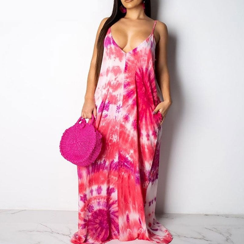 Robe longue et douce, robe d'été tie-dye, imprimé bohème, robe de plage, robe d'été en tricot, robe longue
