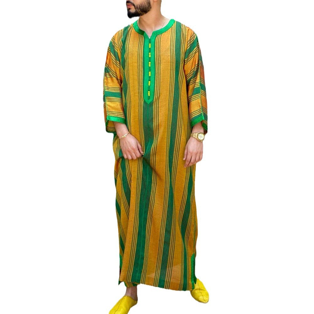 Nouveaux vêtements, Robe Qamis de style ethnique saoudien, ample à manches longues et à rayures contrastées pour hommes