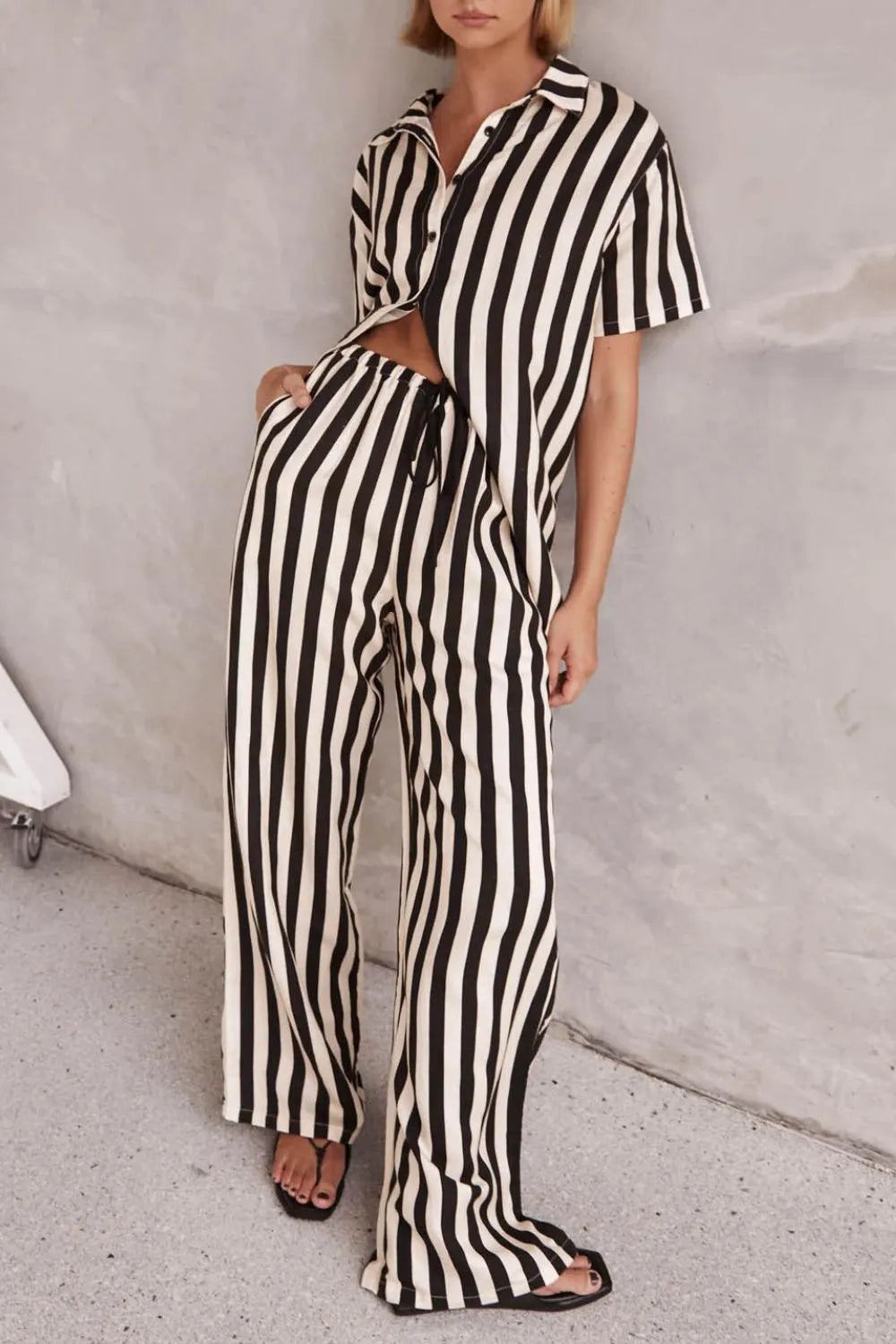 Striped Collared Neck Half Sleeve Top and Pants Set