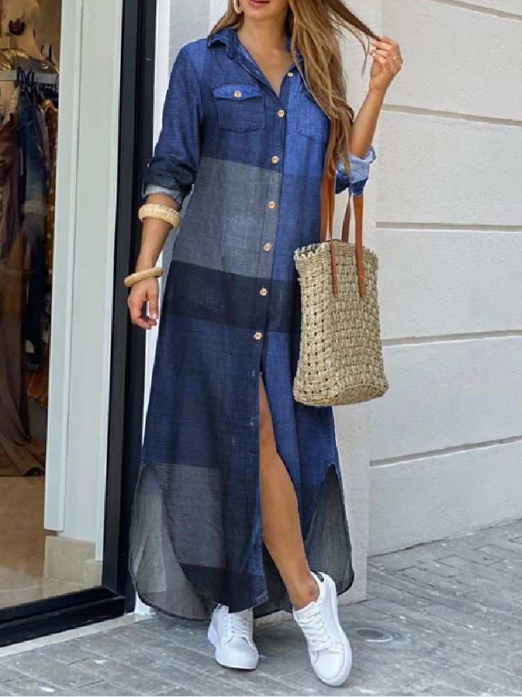 Robe à manches longues à carreaux, robe longue de plage, robe d'été élégante pour femmes, robe chemise longue boutonnée