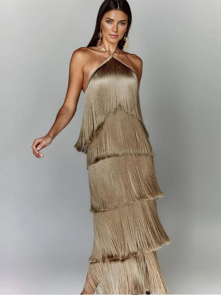 Robe longue à franges métallisées tendance, col licou, chic, sans manches, dos nu, lacets, slim, sexy, pour femme