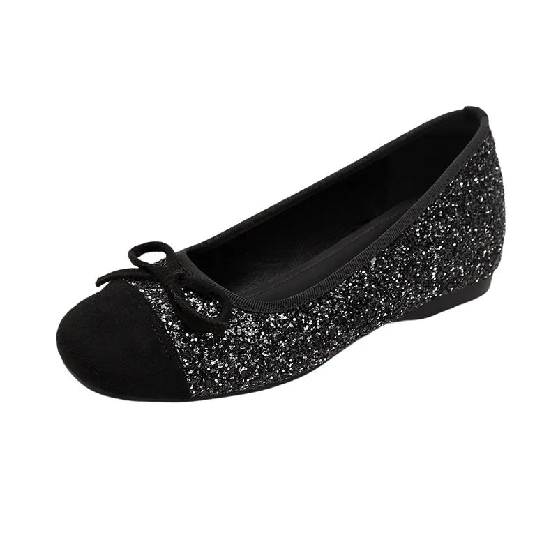 Ballerines classiques à semelle plate à paillettes argentées de style français pour femmes