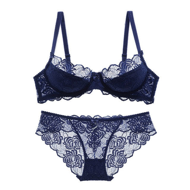 Ensemble de soutien-gorge sexy ultra-fin, grande taille, bonnet C et D, transparent, en dentelle brodée, gris