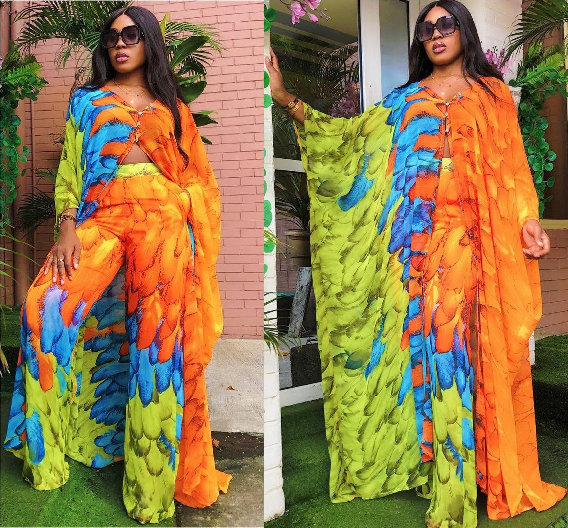 Ensemble deux pièces cardigan en mousseline de soie et pantalon ample, robe africaine