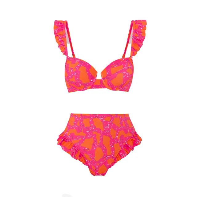 Maillot de bain bikini fendu imprimé vintage pour femme, ensemble sans bretelles, manches bouffantes, cache-maillot, jupe en mousseline de soie, pour la plage, piscine