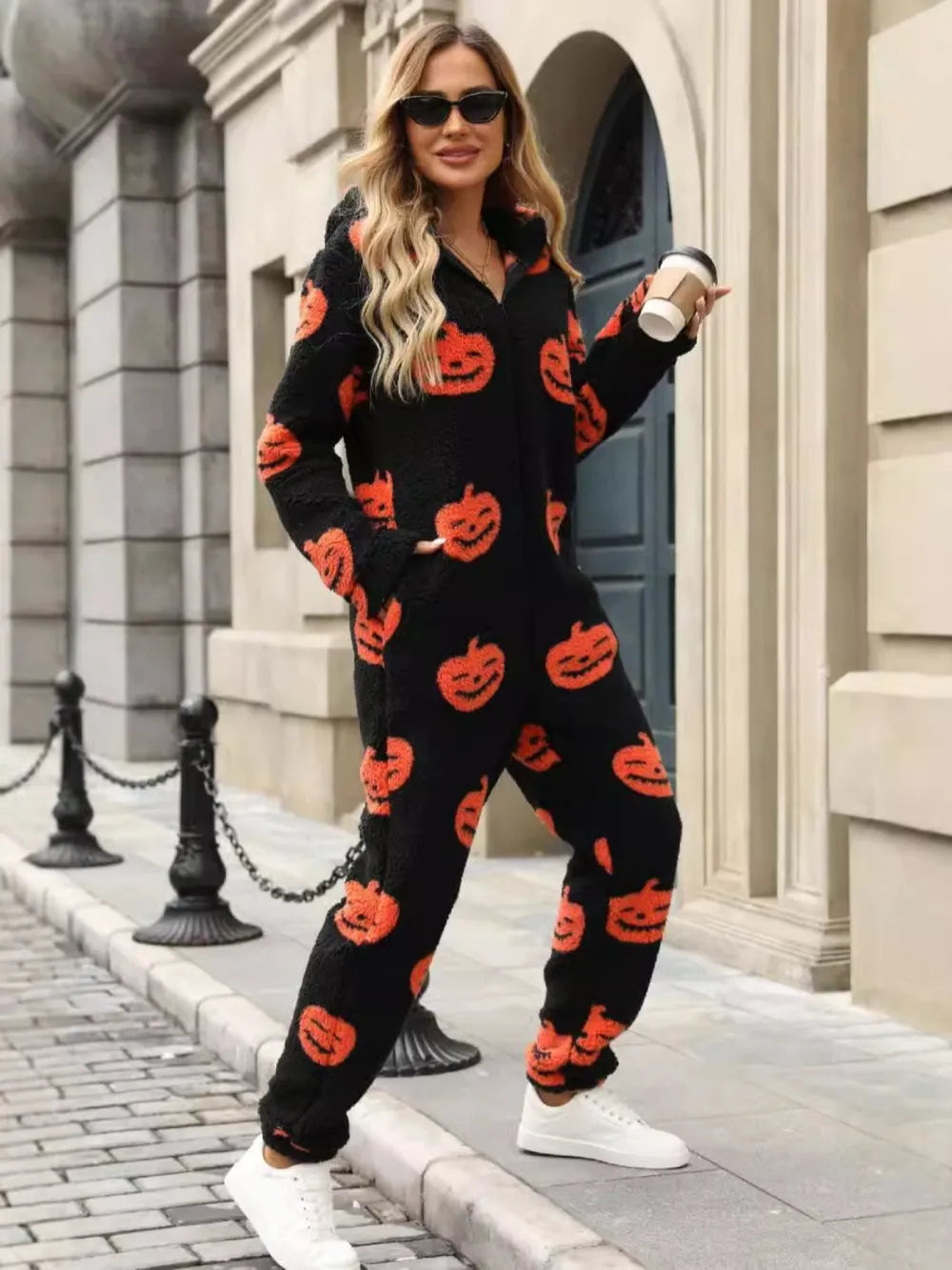 Pumpkin Half Zip Hooded Jumpsuit