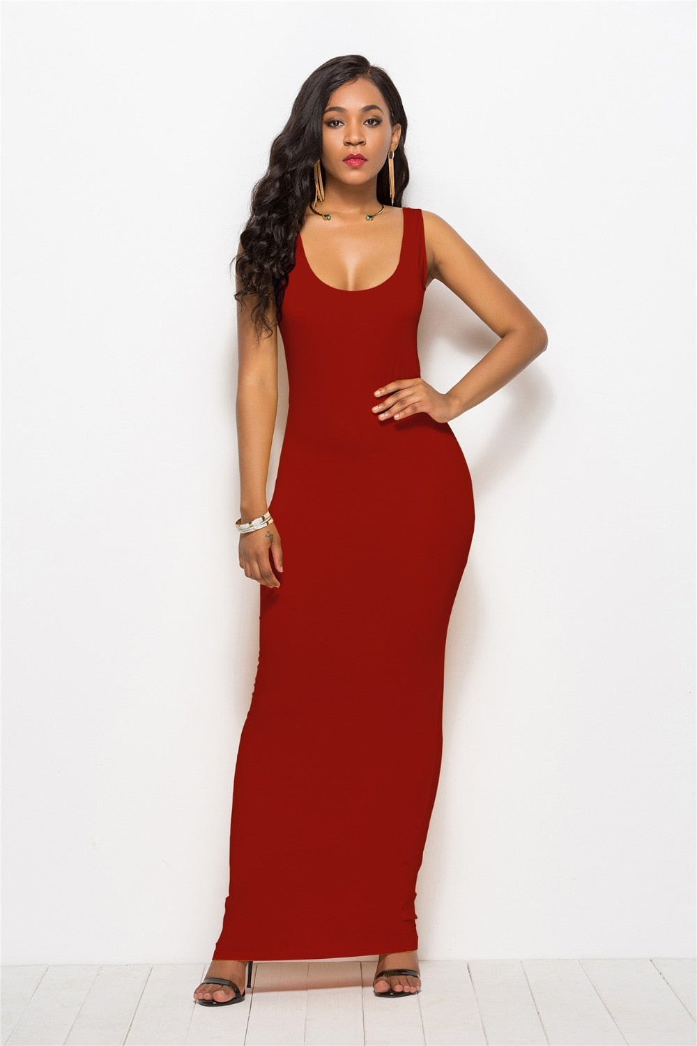 Robe simple, élégante et sexy pour femmes, col rond, sans manches, slim, maxi, très extensible, débardeur, printemps-été, robe longue fine