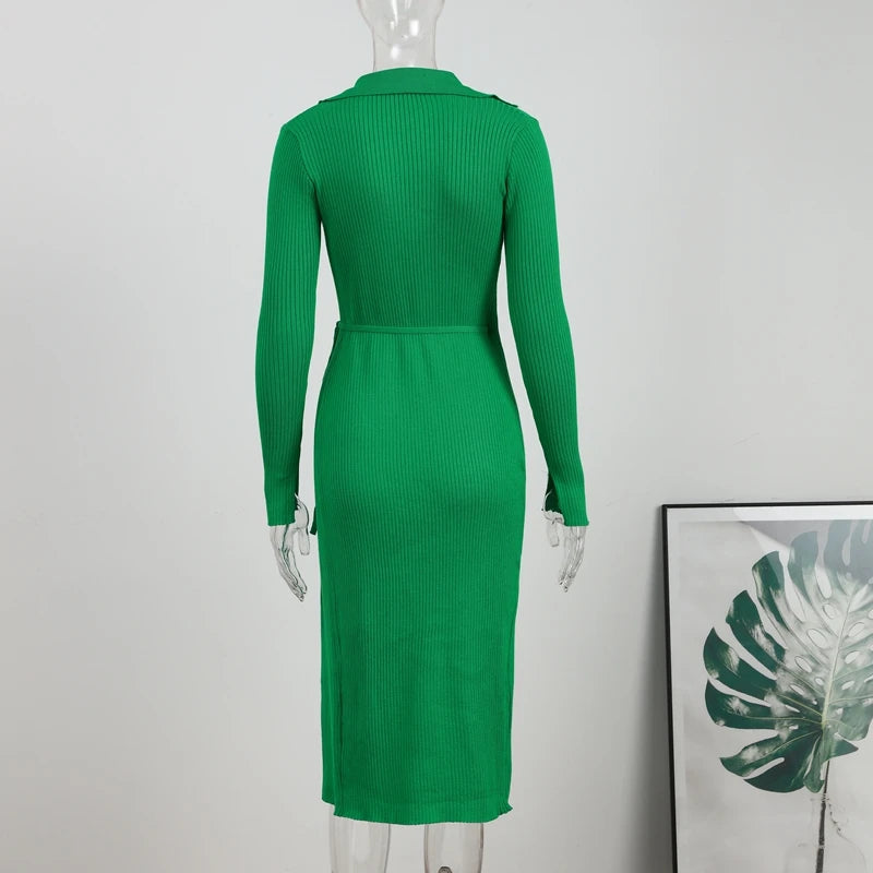 Robe portefeuille fendue à col en V pour femme, en tricot, à lacets, côtelée, col polo, sexy, robes de soirée pour femmes, robe longue verte élégante pour l'automne