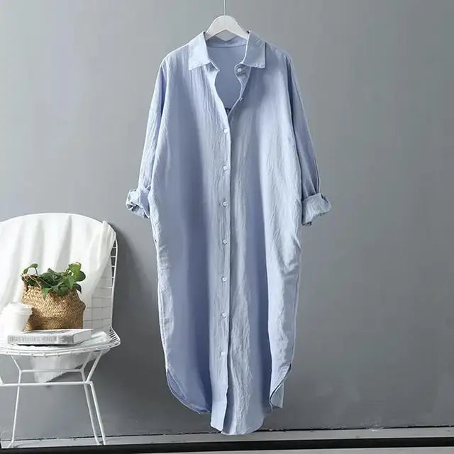 Robe chemise  mi-longue coton et lin à manches longues pour femme, décontractée, confortable, avec boutons blancs