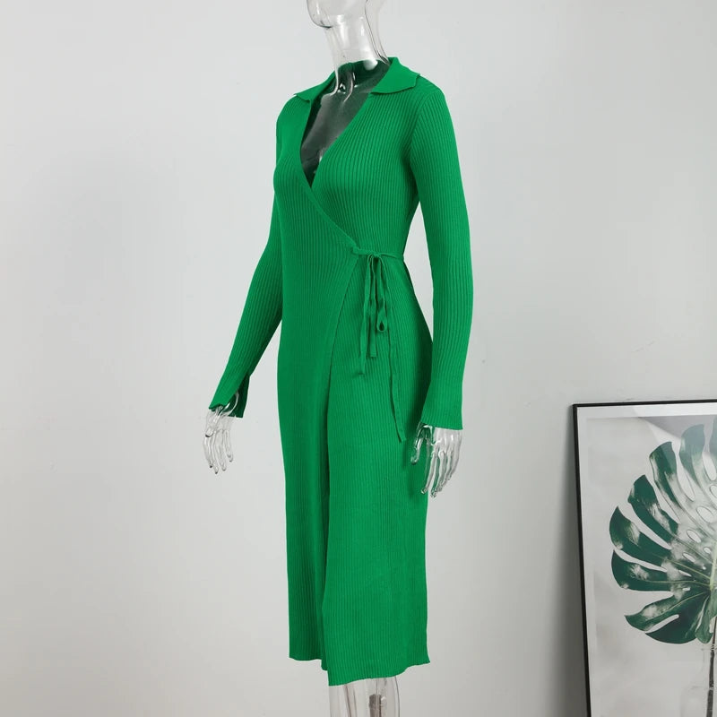 Robe portefeuille fendue à col en V pour femme, en tricot, à lacets, côtelée, col polo, sexy, robes de soirée pour femmes, robe longue verte élégante pour l'automne