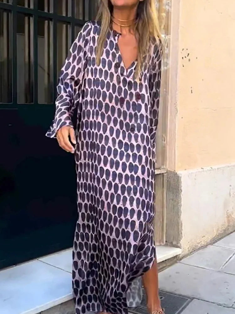 Robe d'été à imprimé géométrique pour femme, fendue sur le côté, col en V, décontractée, manches longues, ample, à la mode