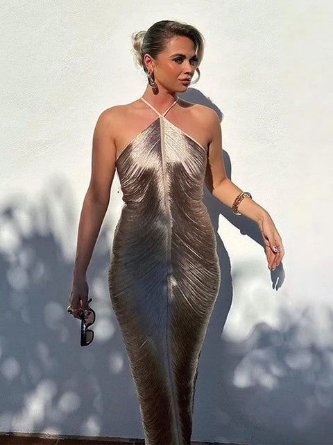 Robe longue dos nu à franges dorées et argentées pour femme, tenue moulante sexy sans manches, nouvelle collection élégante de soirée
