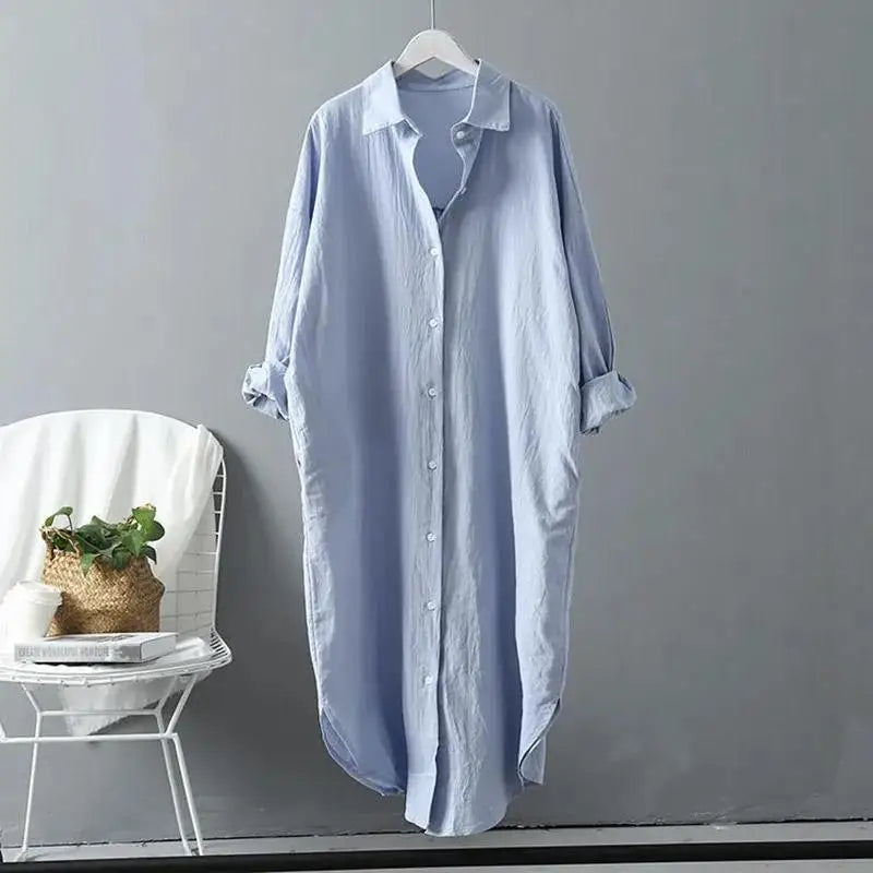 Robe chemise  mi-longue coton et lin à manches longues pour femme, décontractée, confortable, avec boutons blancs